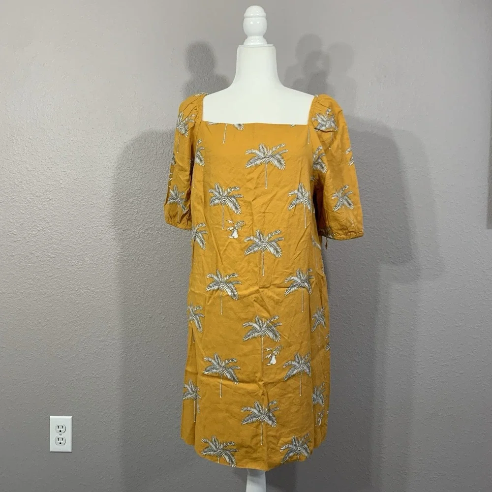 Ann Taylor Mustard Yellow Palm Tree‎ Puff Sleeve Square Neck Lined Dress Small